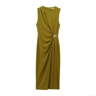 Women Sleeveless Round Neck Midi Dress With Pleated Waist Metal Buckle Decoration Polyester Crepe Elegant Street Style Casual Solid Color Dress