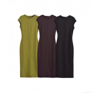 Women Sleeveless Round Neck Midi Dress Slim Fit Polyester Crepe Bodycon Dress Back Slit Zipper Summer Casual Streetwear Party Dress