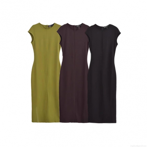 Women Sleeveless Round Neck Midi Dress Slim Fit Polyester Crepe Bodycon Dress Back Slit Zipper Summer Casual Streetwear Party Dress