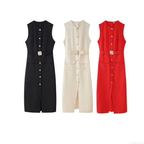 Women's Elegant Sleeveless Midi Dress Round Neck Single Breasted Polyester With Belt Pockets Slit For Office Casual Summer Street Modern Minimalist Style