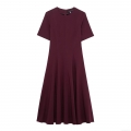 Women's Summer Short Sleeve Round Neck Midi Dress Solid Color Elegant A-Line Swing Party Dress with Back Zipper Burgundy Streetwear Fashion