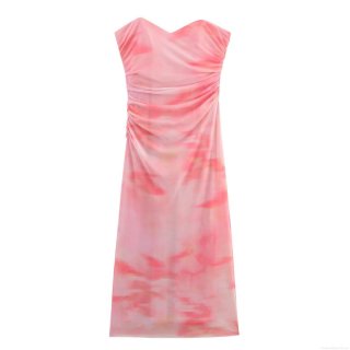 Women's Sexy Ruched Mesh Tube Midi Dress Elegant Tie Dye Gradient Print Off Shoulder Backless Slim Fit Bodycon Party Evening Summer Club Outfits