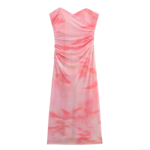 Women's Sexy Ruched Mesh Tube Midi Dress Elegant Tie Dye Gradient Print Off Shoulder Backless Slim Fit Bodycon Party Evening Summer Club Outfits