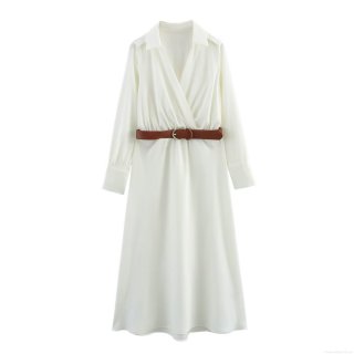 Women's Elegant Satin V-Neck Long Sleeve Midi Dress With Belt Solid Color High Waist A-Line Shirt Dress For Streetwear Office Party Spring Summer Women Clothing