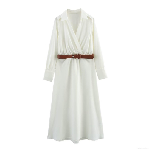 Women's Elegant Satin V-Neck Long Sleeve Midi Dress With Belt Solid Color High Waist A-Line Shirt Dress For Streetwear Office Party Spring Summer Women Clothing