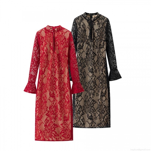 Elegant Hollow Out Lace Flare Sleeve Bodycon Dress For Women Sexy High Neck Long Sleeve Slim Fit Patchwork Midi Dress Party Evening Cocktail Outfits
