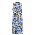 Women Summer Bohemian Sleeveless Floral Print Midi Dress V-Neck Single-Breasted Slit Waist Tie Linen Polyester Blend Dress For Holiday Beach Party
