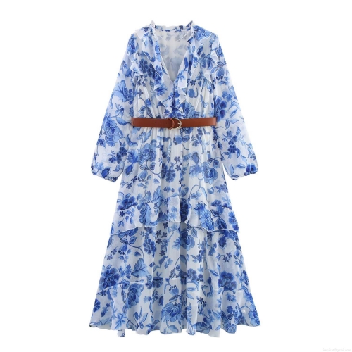 Women V-Neck Floral Print Midi Dress With Belt Long Lantern Sleeve Chiffon Ruffle Tiered Skirt Bohemian Summer Vacation Party Casual Dress