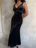 French Romance Velvet Lace Patchwork V-Neck Sleeveless Bodycon Mermaid Midi Dress Women Sexy Elegant Evening Party Slim Fit Gown Sleeveless