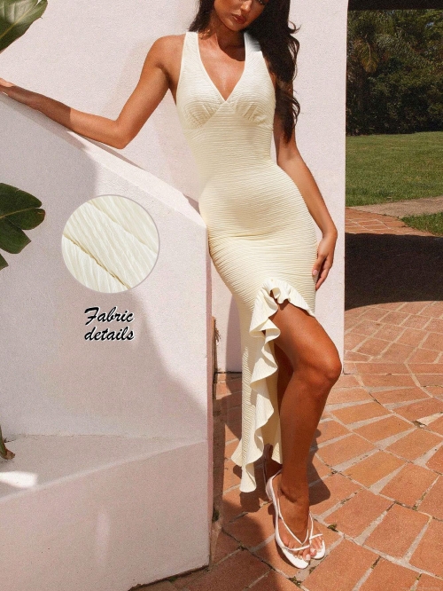 French Elegant V-Neck Backless Sleeveless Dress Women Summer Sexy Ruffle High Slit Pleated Bodycon Midi Dress For Vacation Party Polyester Elastane Dress