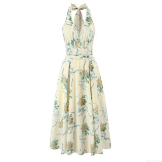 Women Halter Neck Floral Midi Dress Retro Yellow Rose Ribbon Print Deep V Neck Backless Bow Tie A-Line Cotton Blend Sundress For Summer Vacation Beach Party Streetwear