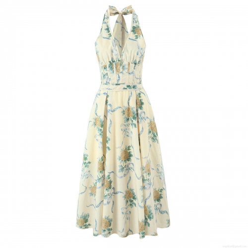 Women Halter Neck Floral Midi Dress Retro Yellow Rose Ribbon Print Deep V Neck Backless Bow Tie A-Line Cotton Blend Sundress For Summer Vacation Beach Party Streetwear