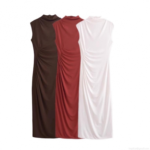 Women's Sleeveless Mock Neck Ruched Midi Dress Solid Color Stretchy Side Slit Slim Fit Bodycon Party Dress With Back Zipper