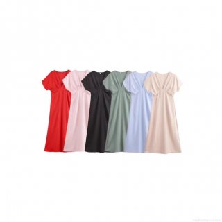 Elegant Women V Neck Satin Midi Dress Short Sleeve Ruched Waist Solid Color Summer Party Cocktail Evening Dresses For Ladies