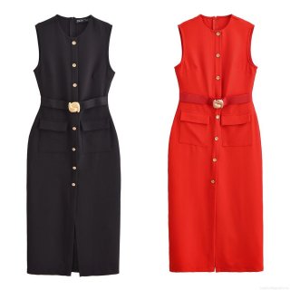 Women Sleeveless Midi Dress With Belt Gold Button Decoration Round Neck Solid Color Polyester Bodycon Dress For Office Party Daily Wear