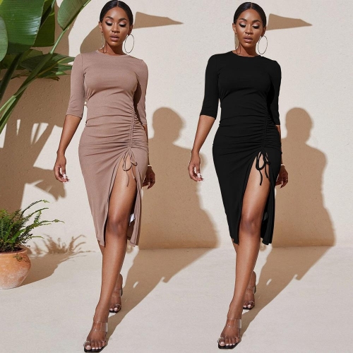 Women's Elegant Knitted Midi Dress Viscose Polyester Side Drawstring High Split Slim Fit Sexy Round Neck Half Sleeve Bodycon Casual Commute Dress