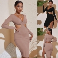 Sexy Hollow Out V-Neck Long Sleeve Midi Dress Ribbed Knit Polyester Slim Fit Side Slit Evening Party Bodycon Dress For Women