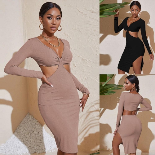 Sexy Hollow Out V-Neck Long Sleeve Midi Dress Ribbed Knit Polyester Slim Fit Side Slit Evening Party Bodycon Dress For Women