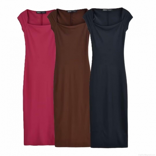 Women's Elegant Square Neck Short Sleeve Midi Dress Slim Fit Solid Color Polyester A-Line Dress For Streetwear Party Date Night Fashion