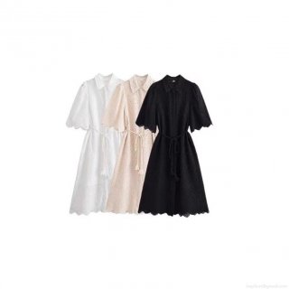 Women's Summer Vintage Hollow Out Embroidery Short Sleeve Midi Dress French Style Shirt Collar Button Up A-Line Belted Dress For Casual Dating Streetwear