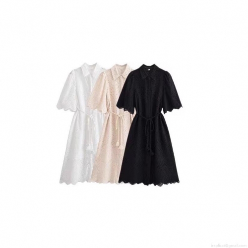 Women's Summer Vintage Hollow Out Embroidery Short Sleeve Midi Dress French Style Shirt Collar Button Up A-Line Belted Dress For Casual Dating Streetwear