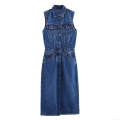 Women Denim Midi Dress Sleeveless Lapel Button Down Streetwear Casual Washed Jean A-Line Dress With Contrast Stitching Pockets Blue Western Fashion