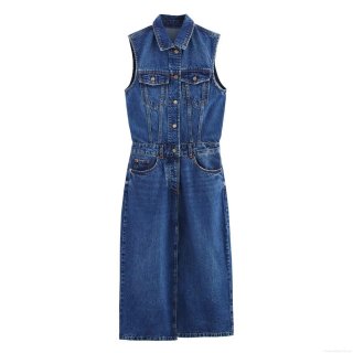 Women Denim Midi Dress Sleeveless Lapel Button Down Streetwear Casual Washed Jean A-Line Dress With Contrast Stitching Pockets Blue Western Fashion