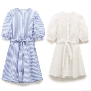 Women Round Neck Puff Sleeve Striped Midi Dress With Belt Cotton Blend Short Sleeve A-Line Button Down Casual Dress For Summer Vacation Office