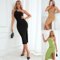Women Sexy One Shoulder Ribbed Knit Midi Dress Elegant Side High Slit Slim Fit Bodycon Sleeveless Solid Color Summer Party Evening Dress For Women
