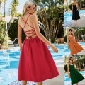 Sexy Backless Lace-Up Spaghetti Strap Midi Dress Cotton Blend V-Neck High Waist Swing Sun Dress With Pockets For Women Summer Beach Vacation