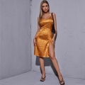 Elegant Gold Satin Jacquard Slip Dress Women's Sexy V Neck High Slit Bodycon Midi Dress For Summer Party Evening Guest Cocktail Dress
