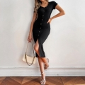 Women's Ribbed Knit Bodycon Midi Dress V Neck Short Sleeve Decorative Buttons Front Slit Elegant Slim Fit Work Party Pencil Dress