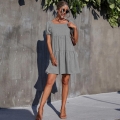 Women's Elegant Square Neck Puff Short Sleeve Knit Midi Dress Polyester Cotton Blend Layered Tiered Ruffle Hem Casual Vacation Sundress