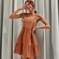 Women's Sleeveless Midi Dress V-Neck Tiered Cake Skirt Cotton Blend Boho Summer Casual Vacation Dress Elegant Ginger Brown Button Detail