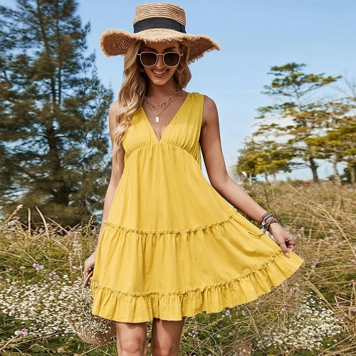 Women Summer Yellow V Neck Sleeveless Midi Dress Cotton Blend Backless Ruffle Layered Hem Pastoral Beach Resort Dress For Women
