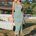 Sexy Halter Backless Midi Dress Ribbed Knit Polyester Spandex Drawstring Ruched Side Slit Tight Summer Vacation Beach Party For Women