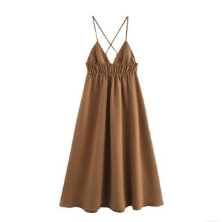Women's Backless Satin Cami Midi Dress Cross Straps V Neck Ruched Waist Sexy Bodycon Sundress Deep Brown Evening Party Dress Summer Outfits For Women
