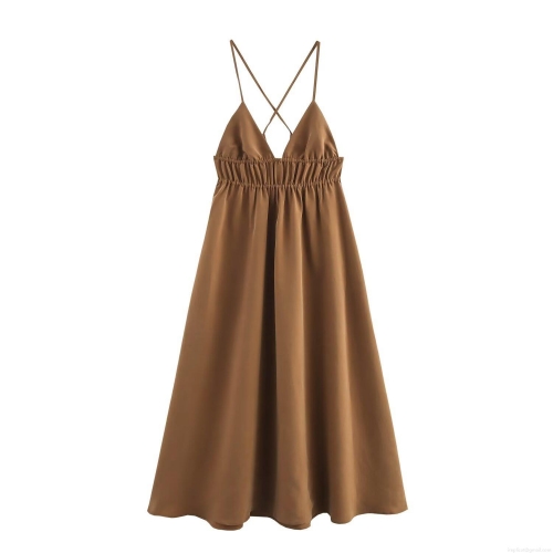 Women's Backless Satin Cami Midi Dress Cross Straps V Neck Ruched Waist Sexy Bodycon Sundress Deep Brown Evening Party Dress Summer Outfits For Women