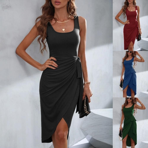 Women's Sleeveless Wrap Midi Dress Slim Fit Ruched Side Tie Asymmetric Hem Knitted Solid Color Summer Elegant Party Dress