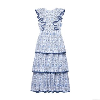 Women's Sleeveless Round Neck Floral Print Polyester Tiered Midi Dress With Ruffle Detail Summer Western Style Cake Skirt For Party Vacation Women Clothing