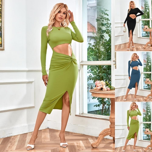 Women's Sexy Long Sleeve Hollow Out Knit Midi Dress Rayon Polyester Bodycon Dress With Slit Elegant Solid Color Slim Fit Autumn Winter Evening Party Robe