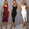 Sexy V-Neck Sleeveless Spaghetti Strap Bodycon Dress For Women Rayon Polyester Spandex Ribbed Knit Button Front Split Hem Midi Party Vacation Summer Dress