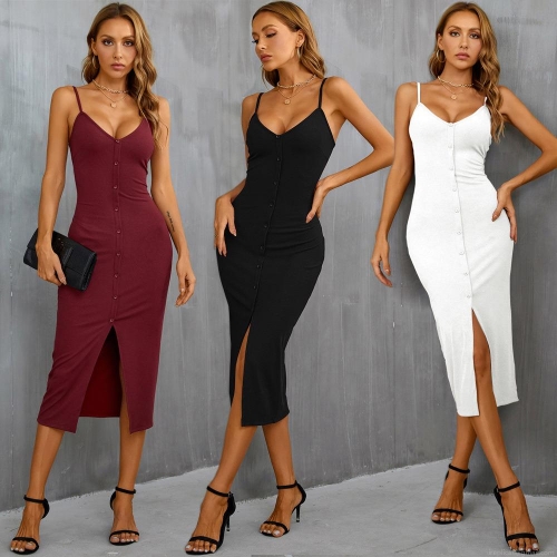 Sexy V-Neck Sleeveless Spaghetti Strap Bodycon Dress For Women Rayon Polyester Spandex Ribbed Knit Button Front Split Hem Midi Party Vacation Summer Dress