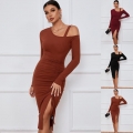 Women Sexy Off Shoulder Ruched Drawstring Midi Dress Ribbed Knit Long Sleeve Split Bodycon Party Clubwear Dresses Elegant Tight Evening Cocktail Gown
