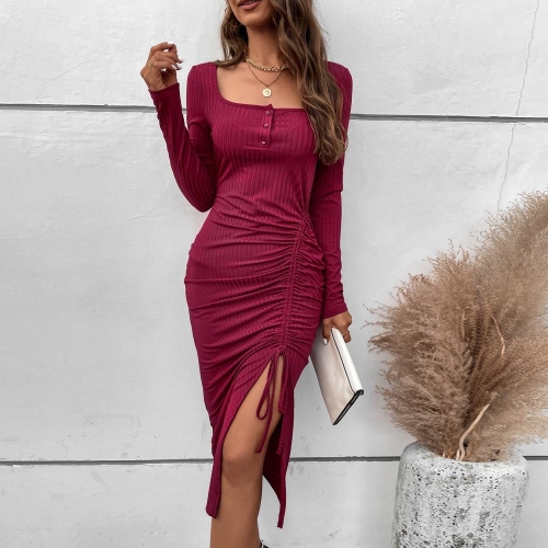 Women Elegant Knitted Long Sleeve Midi Dress Square Neck Ribbed Solid Burgundy Side Drawstring High Slit Slim Fit Dress for Party Commute
