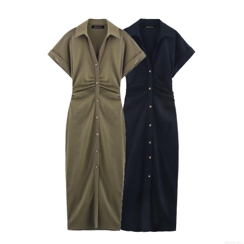 Women's European American Style Lapel Short Sleeve Single Breasted Pleated Midi Dress Casual Streetwear Solid Color Polyester Shirt Dress