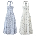 Women's Summer Halter Neck Cotton Dress Backless Floral Bee Print Button Front A-Line Midi Dress For Casual Vacation Beach Party