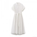 Women's White Eyelet Embroidery Cotton Blend Midi Shirt Dress With Belt Short Sleeve Button Down A-Line Summer Party Dress Fashion Broderie Anglaise Dress