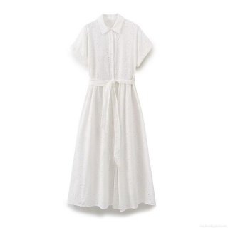 Women's White Eyelet Embroidery Cotton Blend Midi Shirt Dress With Belt Short Sleeve Button Down A-Line Summer Party Dress Fashion Broderie Anglaise Dress