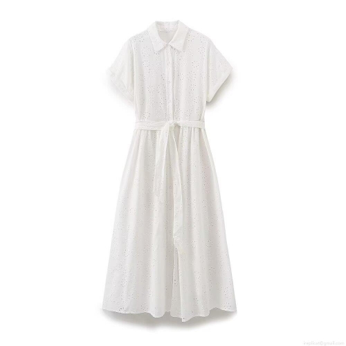 Women's White Eyelet Embroidery Cotton Blend Midi Shirt Dress With Belt Short Sleeve Button Down A-Line Summer Party Dress Fashion Broderie Anglaise Dress